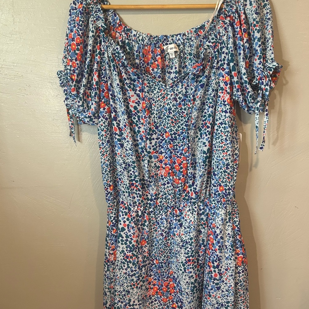 Off-Shoulder Midi Dress in Blue with Coral Accents